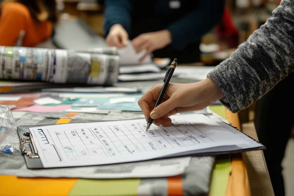 HR manager evaluating a candidate grading sheet during a hiring meeting.