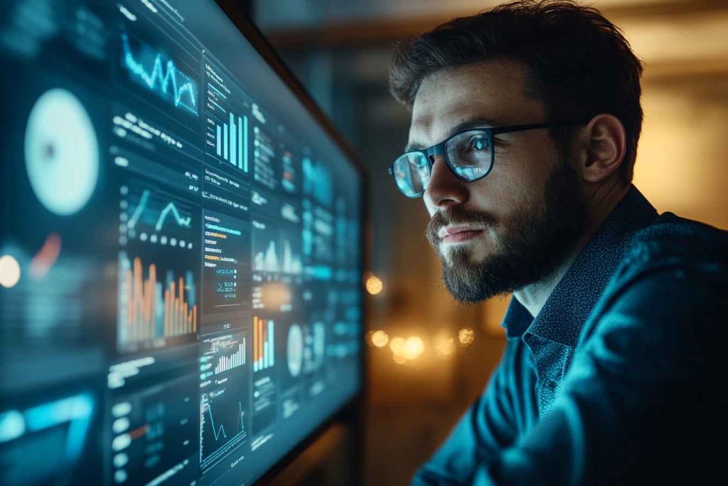 A male digital marketing executive analyzing SEO performance on a desktop screen in a modern office.