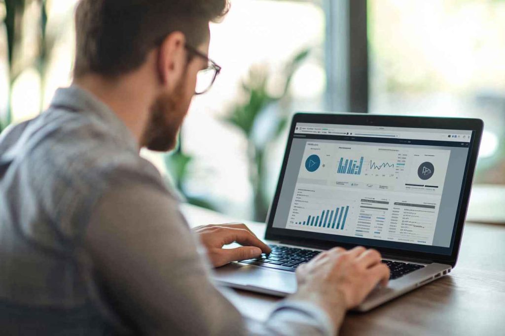 Digital Marketing Executive Skills: What You Need to Know 1 A male digital marketing executive working on a social media content strategy in a corporate office.