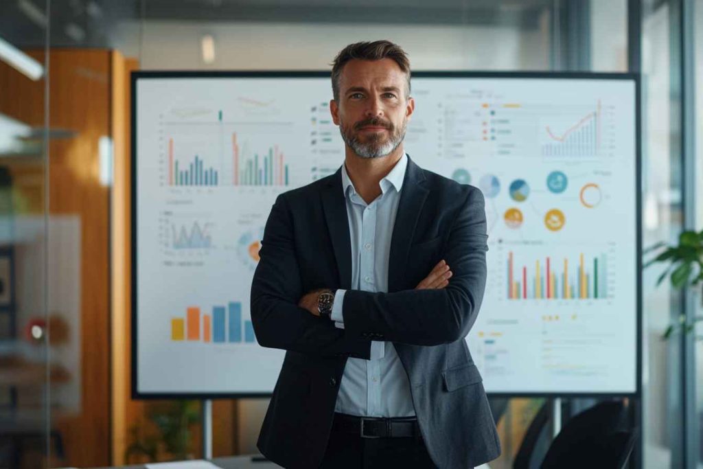A male digital marketing manager leading a campaign strategy meeting in a corporate office, presenting digital marketing plans on a whiteboard.