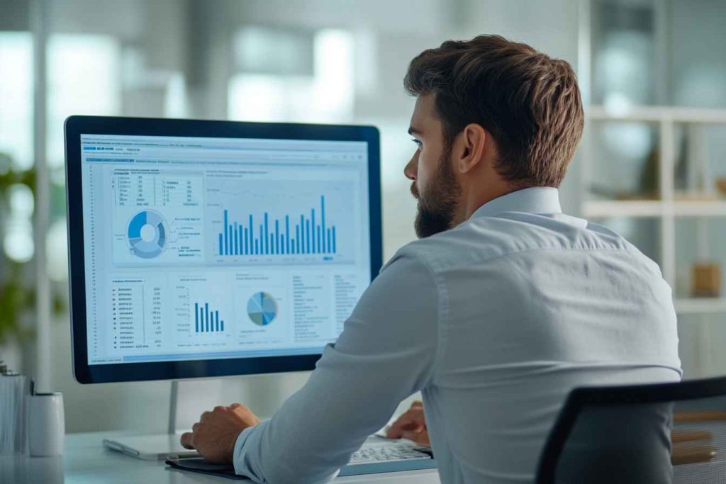Digital Marketing Manager Qualifications: What You Need to Succeed 1 A male digital marketing manager reviewing SEO and PPC analytics on a large monitor in a high-tech office.