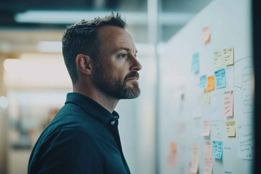 Digital Marketing Manager Qualifications: What You Need to Succeed 3 A male digital marketing manager leading a brainstorming session with his team in a modern office space.