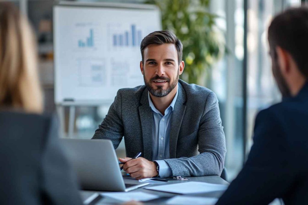 A male digital marketing manager in a formal job interview, confidently answering questions from a hiring panel in a modern corporate office.