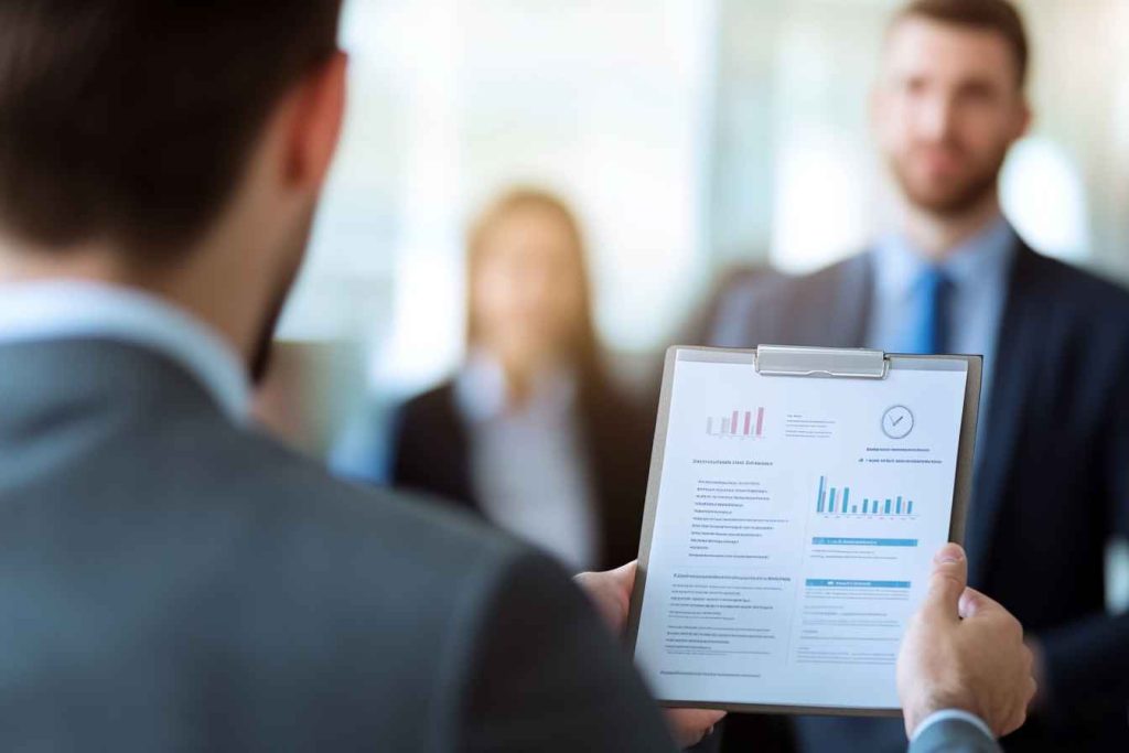 Digital Marketing Manager Interview Questions to Evaluate the Right Skills 1 A male digital marketing candidate discussing a Google Ads campaign strategy with interviewers in a modern office.