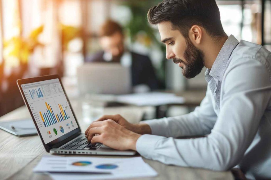 Digital Marketing Manager Interview Questions to Evaluate the Right Skills 2 A male digital marketing professional analyzing performance metrics and discussing data-driven strategies in a job interview.