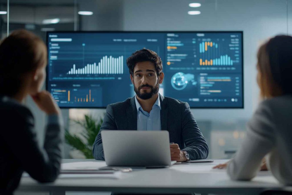 A professional male digital marketing executive being interviewed by hiring managers in a corporate office setting.