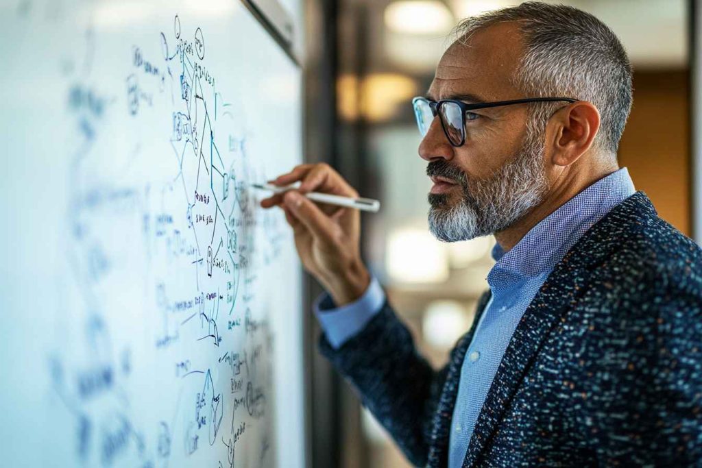A business executive explaining data trends on a whiteboard, demonstrating inductive reasoning in business strategy.