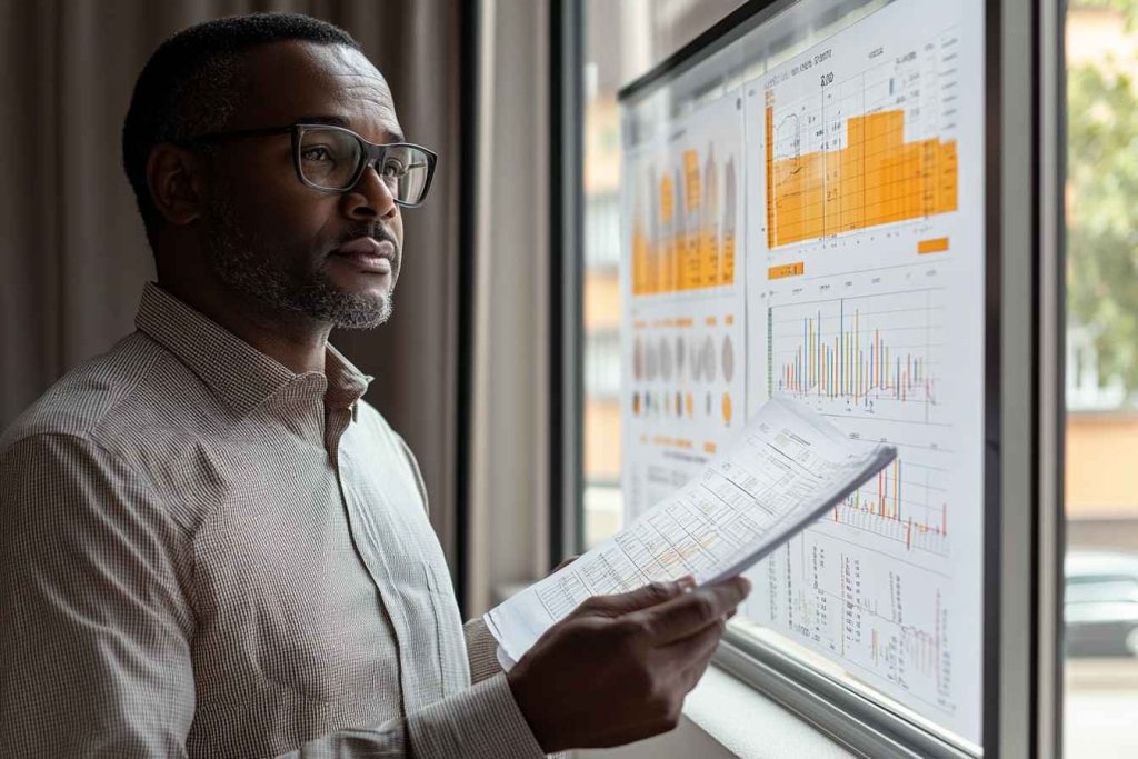 A strategist reviewing market reports, applying inductive reasoning to forecast business opportunities.