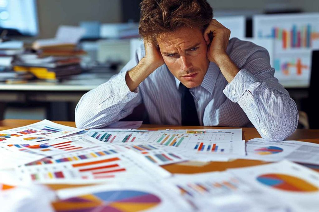 A businessman reviewing reports and identifying patterns using inductive reasoning skills.