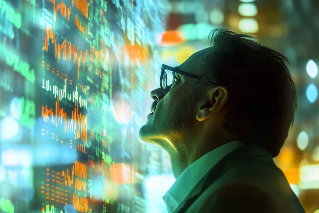 A finance executive using inductive reasoning to analyze stock market trends and predict future outcomes.