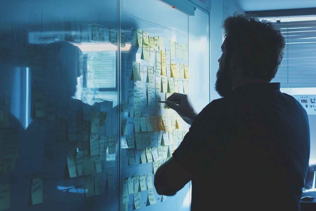 A professional applying inductive reasoning in a team brainstorming session.