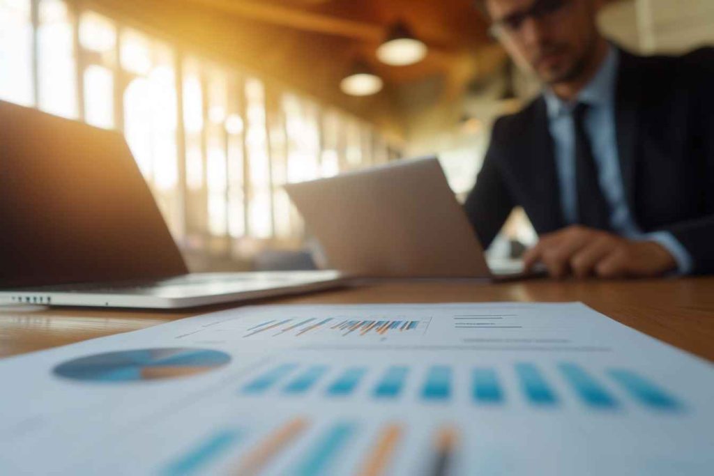 A professional reviewing structured data for decision-making.