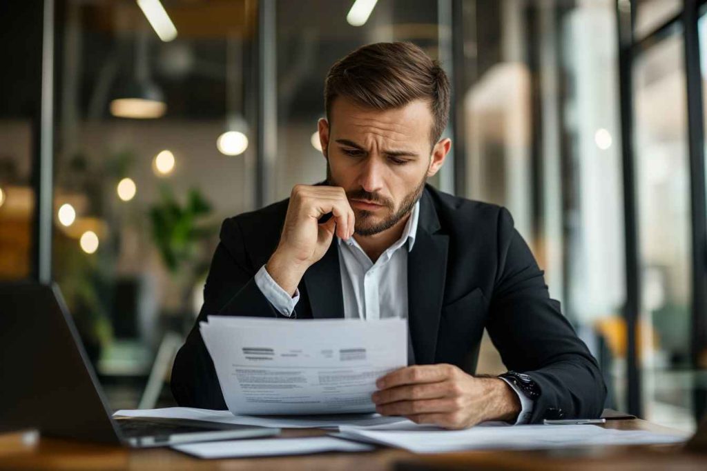 Male employee applying logic to make a business decision.