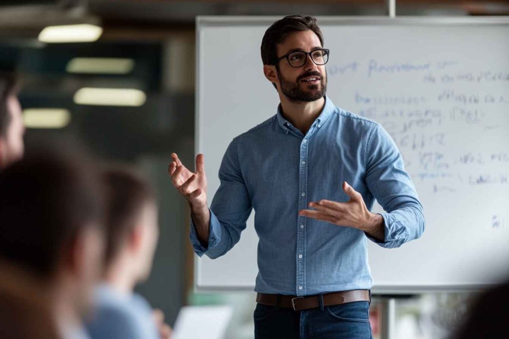 HR professional conducting a logic-based training session.