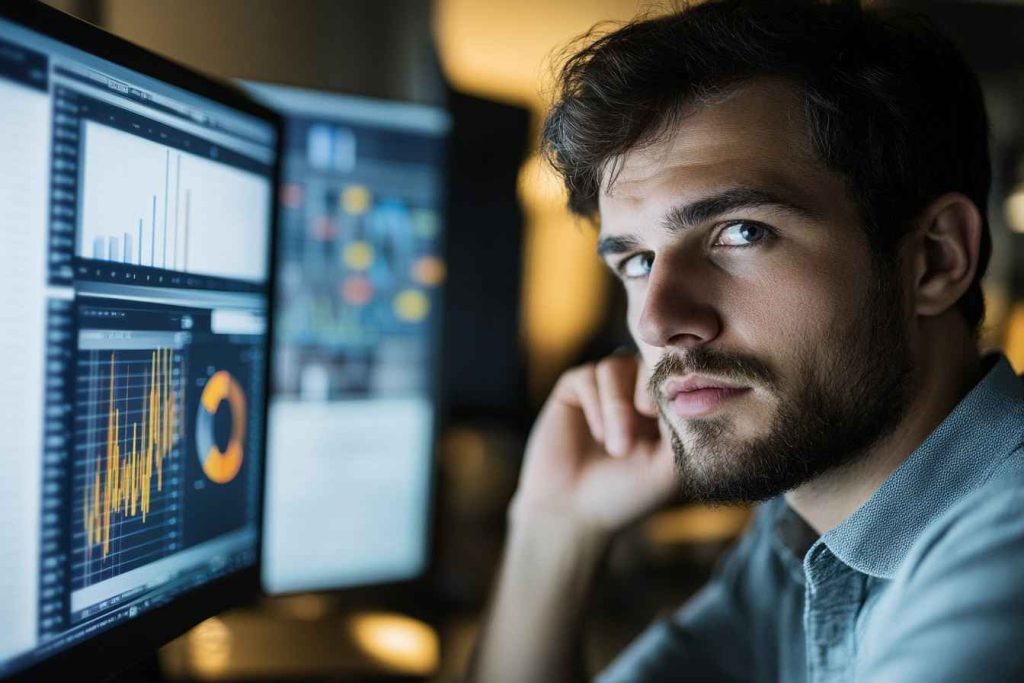 Professional verifying premises to support logical conclusions in workplace analysis.