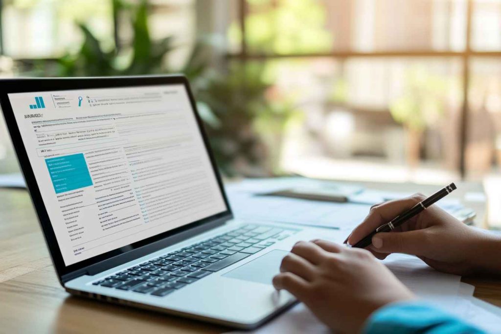 A hiring manager reviewing a structured Candidate Assessment PDF on a laptop.
