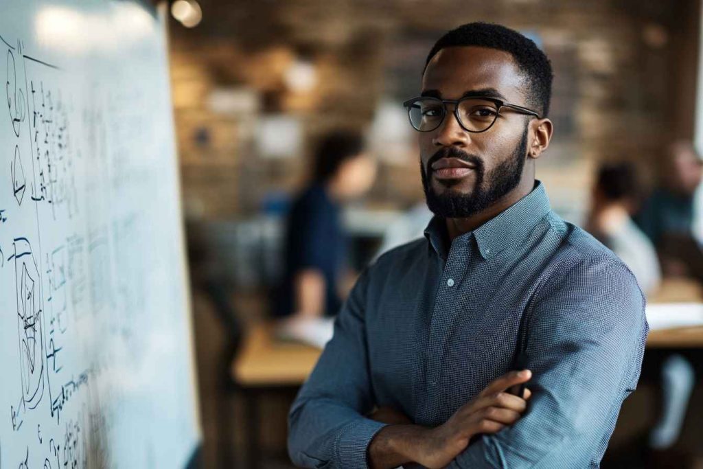 Male candidate completing a timed cognitive test in a professional testing space.