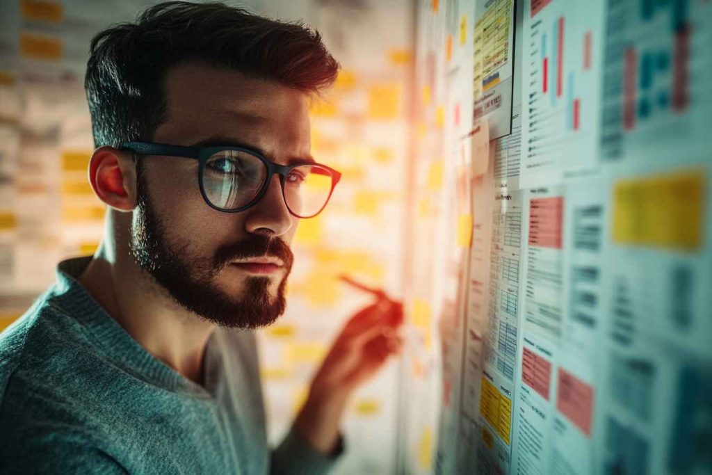 analytical-male-working-through-flowchart-or-decision-map Professional applying structured reasoning for decision-making at work.