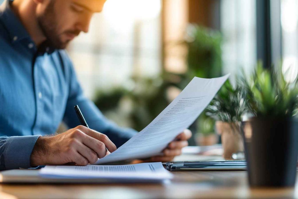 Man reviewing internal policy using reasoning and attention.