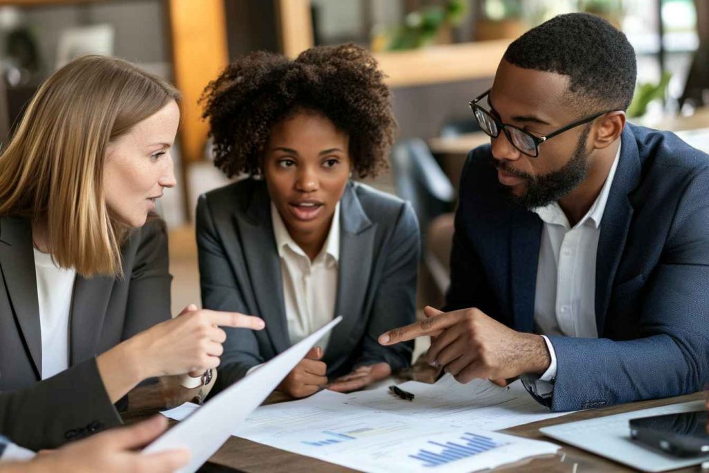 Recruiters discussing a candidate assessment template with scores for multiple applicants.