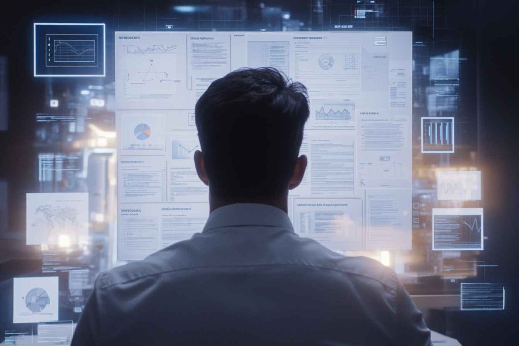 A male professional viewing a transparent digital timeline labeled with assessment milestones—from signup to final decision—each represented by subtle glowing icons. Surrounding symbols include profile cards, pie charts, and document previews. Futuristic HR control room, realistic and cinematic, no visible text.