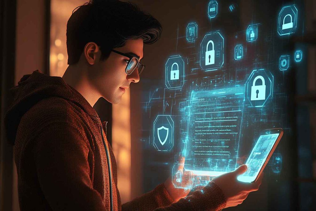 A confident male professional reviews a glowing digital privacy agreement on a transparent screen, surrounded by floating security icons such as padlocks, eye shields, and policy symbols, set in a modern tech office with ambient lighting and realistic detail.