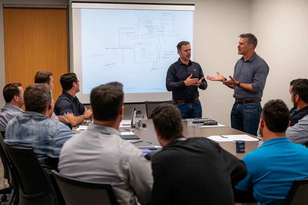conflict-resolution-training-for-male-employees Conflict resolution workshop with male employees led by HR.