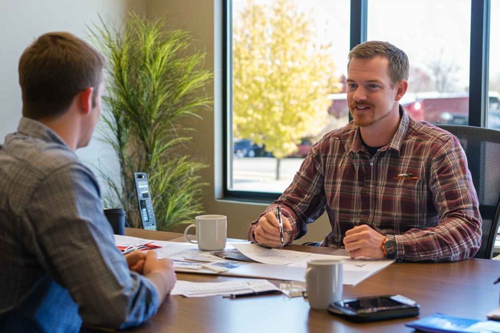 hr-followup-on-conflict-resolution HR following up with a male employee after resolving a workplace conflict.