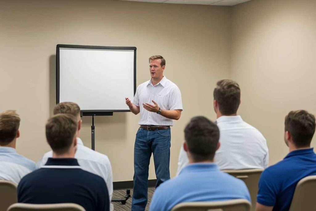 leader-training-conflict-resolution Male leader conducting conflict resolution training for employees