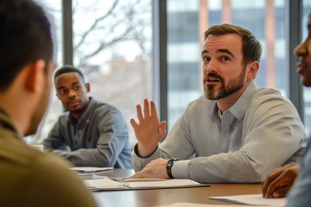 executive-listening-during-team-discussion Male leader practicing active listening during a workplace discussion