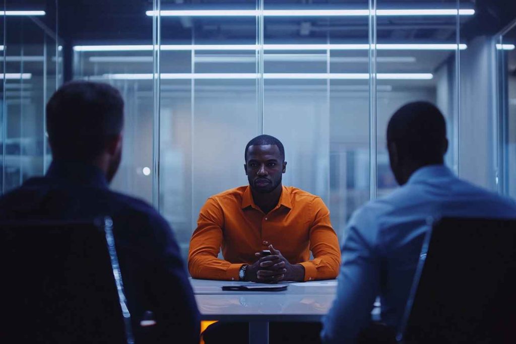 leader-conflict-resolution-meeting Male leader mediating conflict between two employees in a professional office