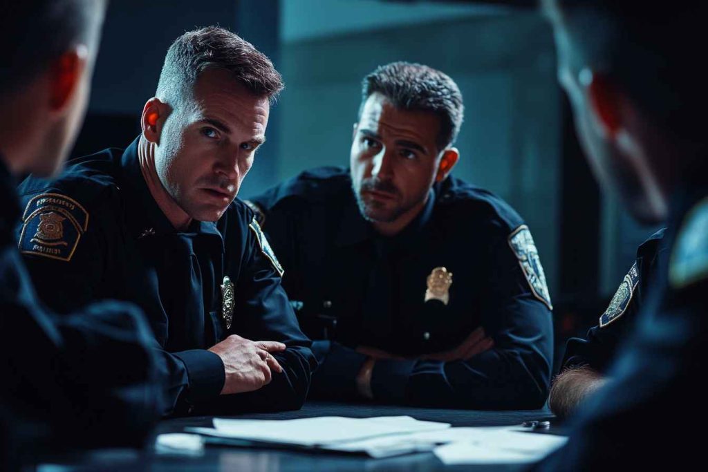 Male officers reviewing conflict resolution techniques post-incident