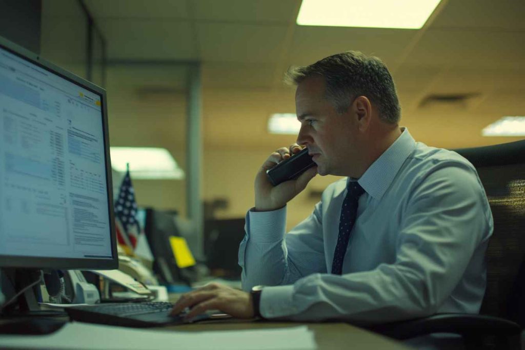 crisis-management-in-action Executive managing a crisis situation in a corporate office setting.