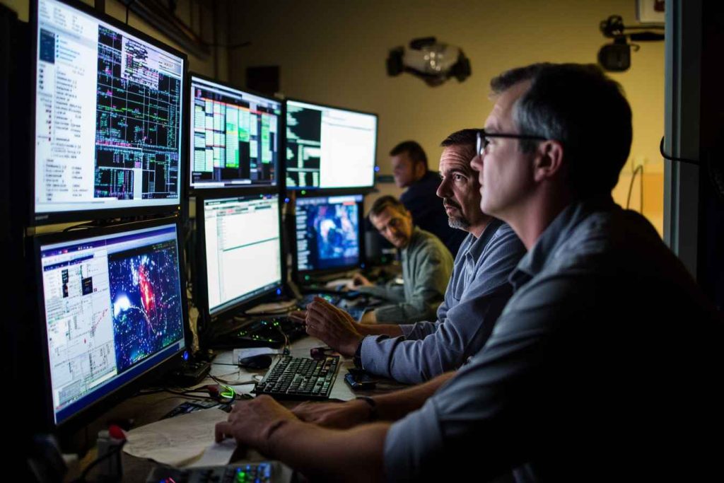 Male-led crisis management team analyzing live data in control room