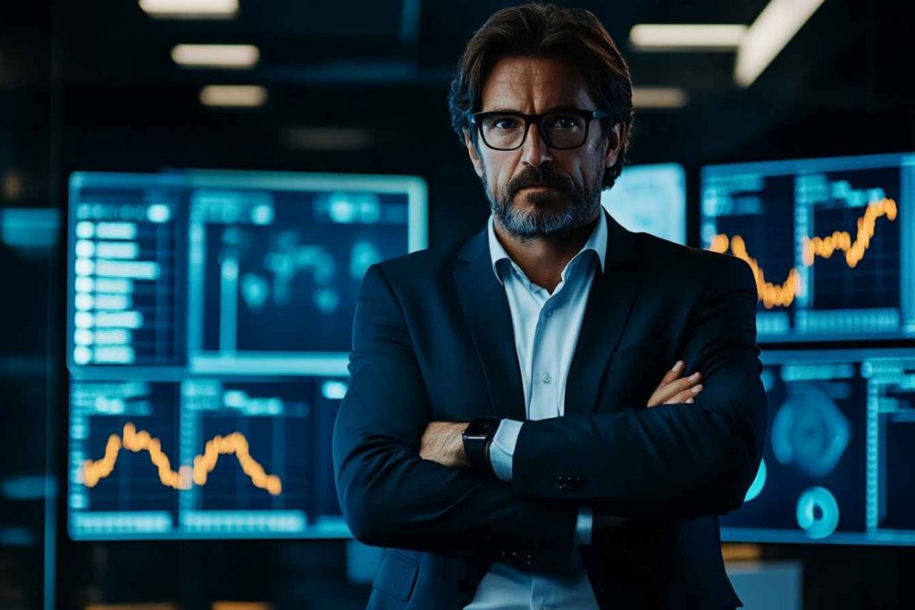 Calm male leader managing emotional tension in workplace crisis