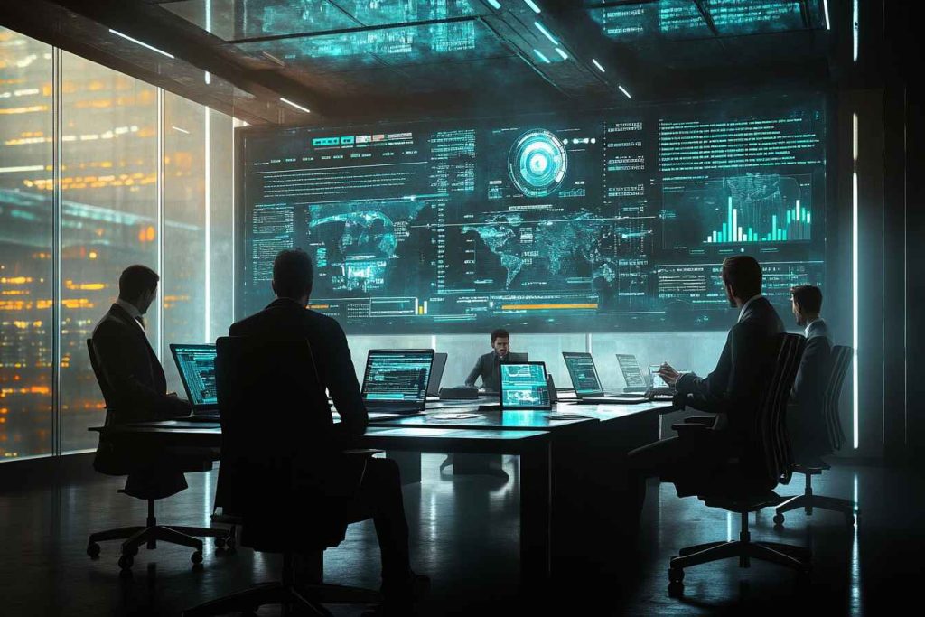 Male executives in a crisis response meeting inside a modern boardroom.