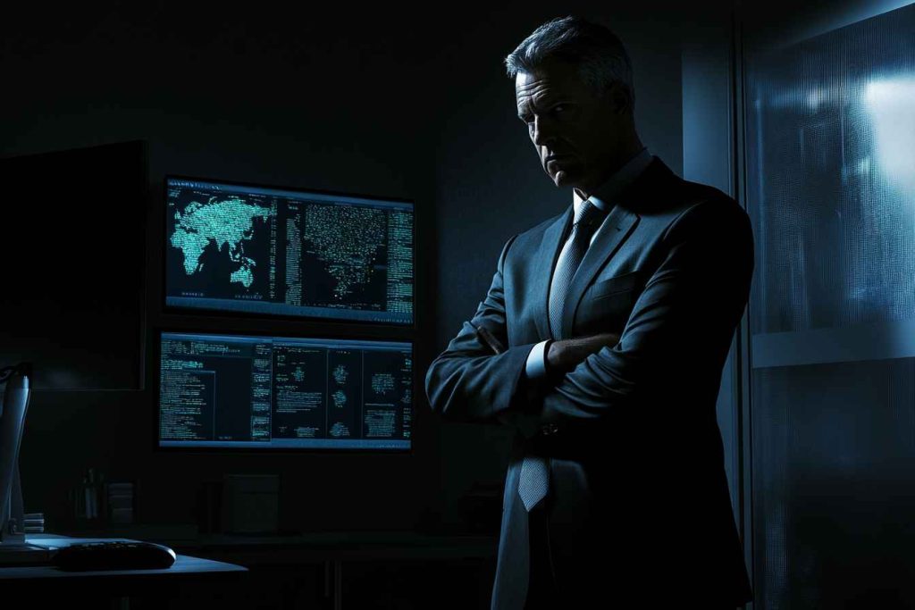 decisive-leadership-in-crisis A male leader overseeing crisis management operations in a corporate control room.