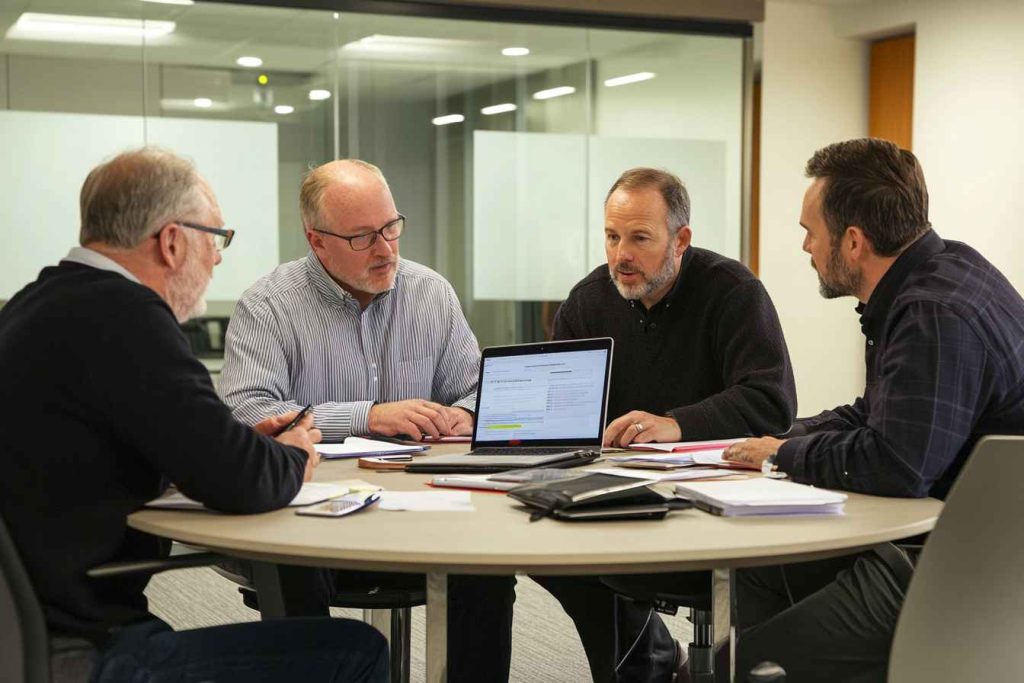 Businessmen collaborating and negotiating over strategy documents