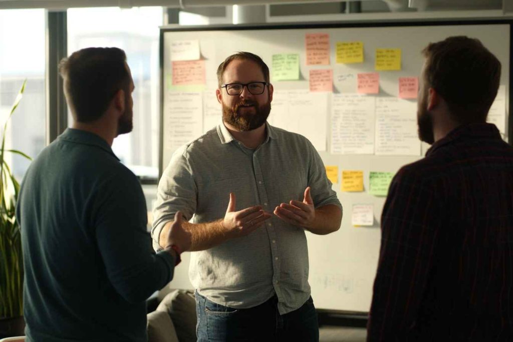 sprint-negotiation-resource-allocation A male project manager discussing sprint resource allocation with developers in an agile workspace.