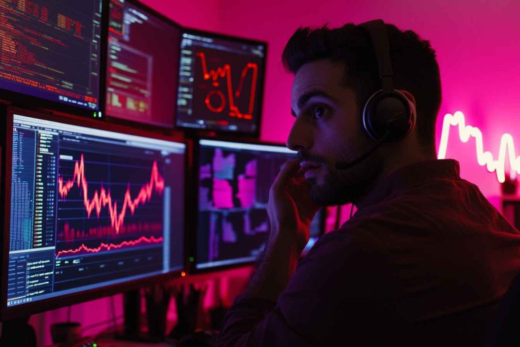 alert-response-monitoring A young male professional manages crisis alerts on multiple screens in a tech office.