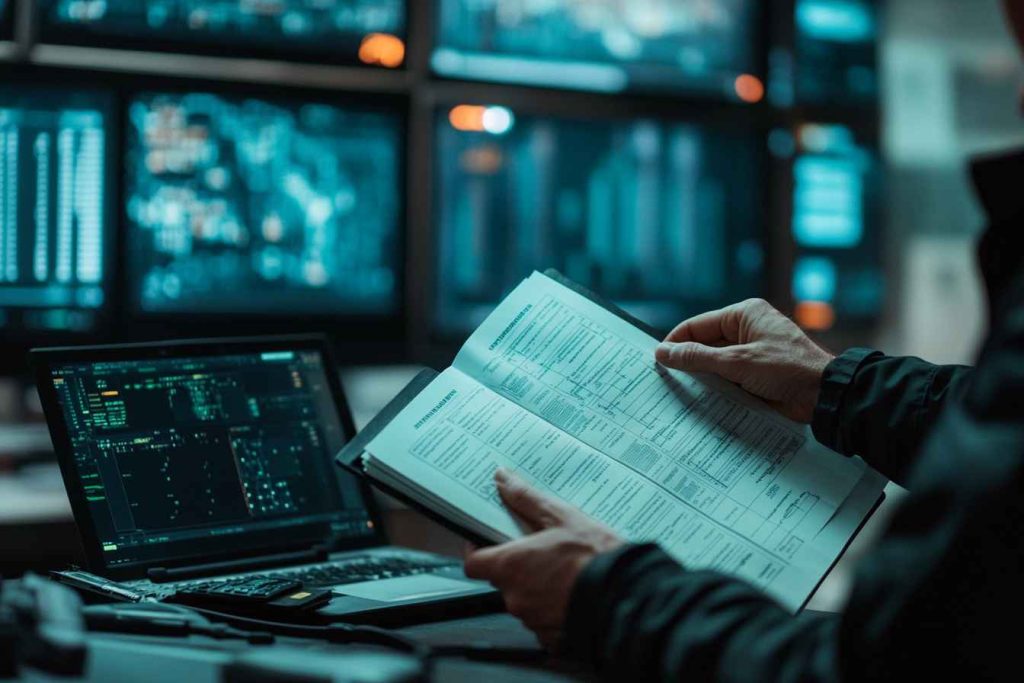 crisis-protocol-review Male manager reviewing emergency protocol during operational crisis