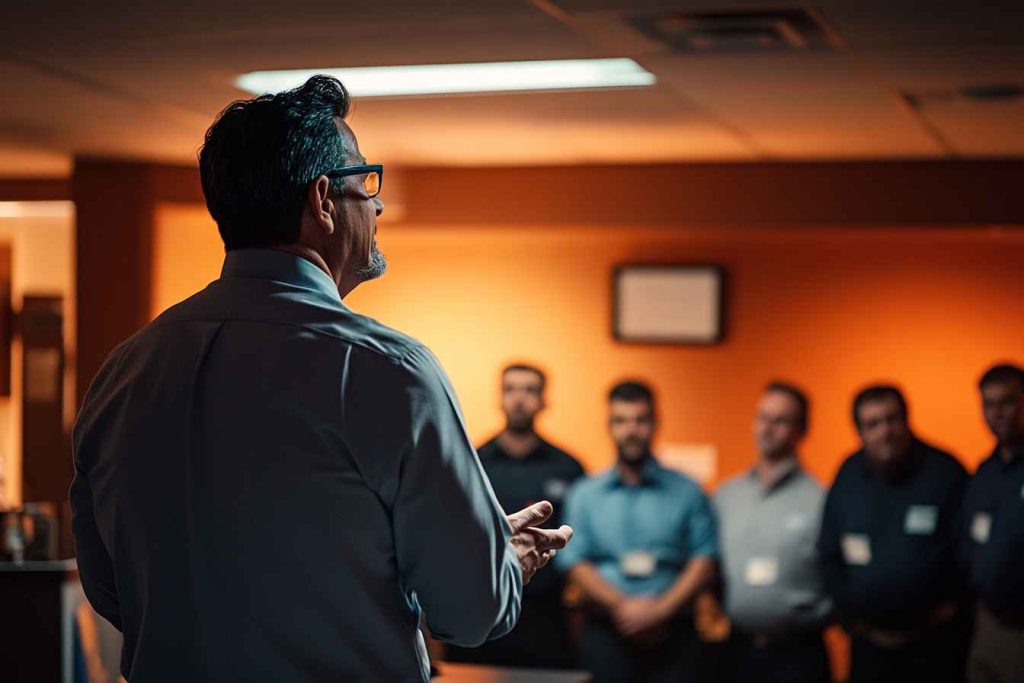 team-briefing-crisis Male supervisor delivering calm crisis briefing to team