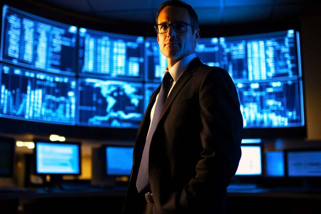 workplace-crisis-decision A focused male manager monitors crisis data on glowing screens in a dim office setting.