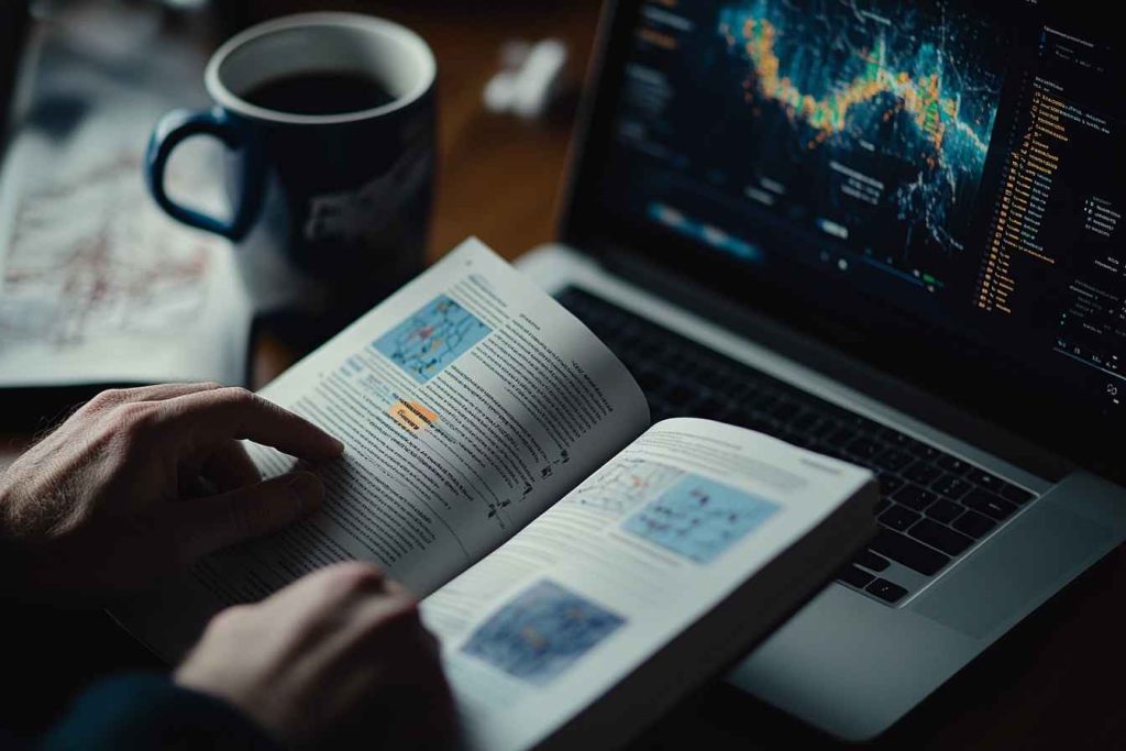action-crisis-plan Hands of a male professional flipping through a crisis manual beside a response dashboard.