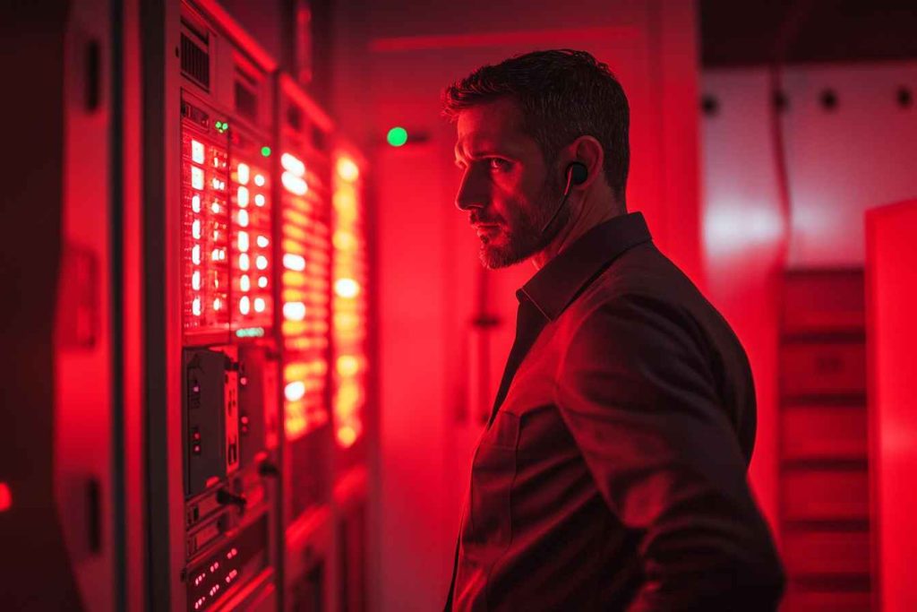 crisis-leadership-server-room Male leader managing IT infrastructure crisis with composed communication