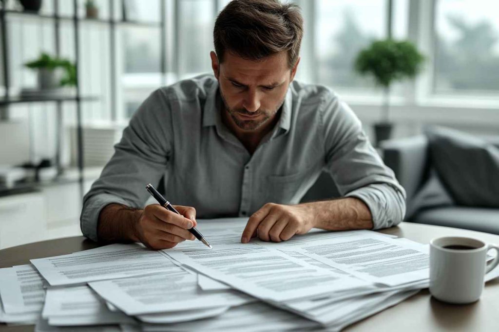 lawyer-drafting-contract-deal A lawyer reviewing and negotiating contract terms at his desk.