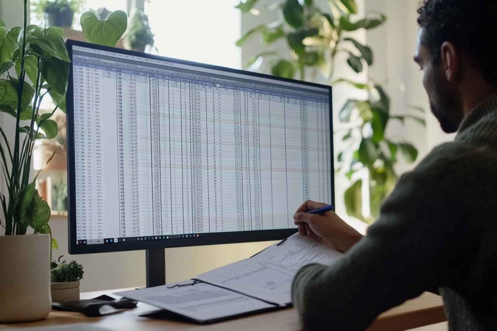 spreadsheet-cleanup-task Man organizing data on a spreadsheet using both digital and printed formats