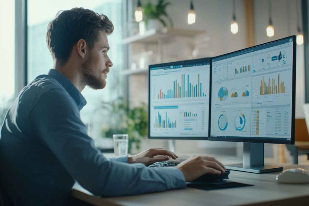 crm-data-entry-workflow Man entering data into a CRM platform at his desk