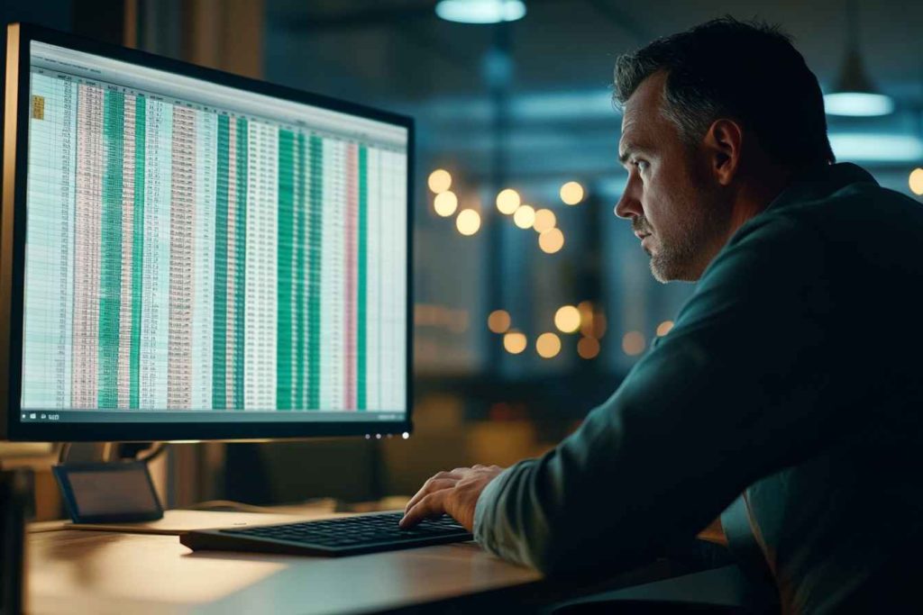 Male employee reviewing Excel spreadsheets on a desktop in a corporate office setting