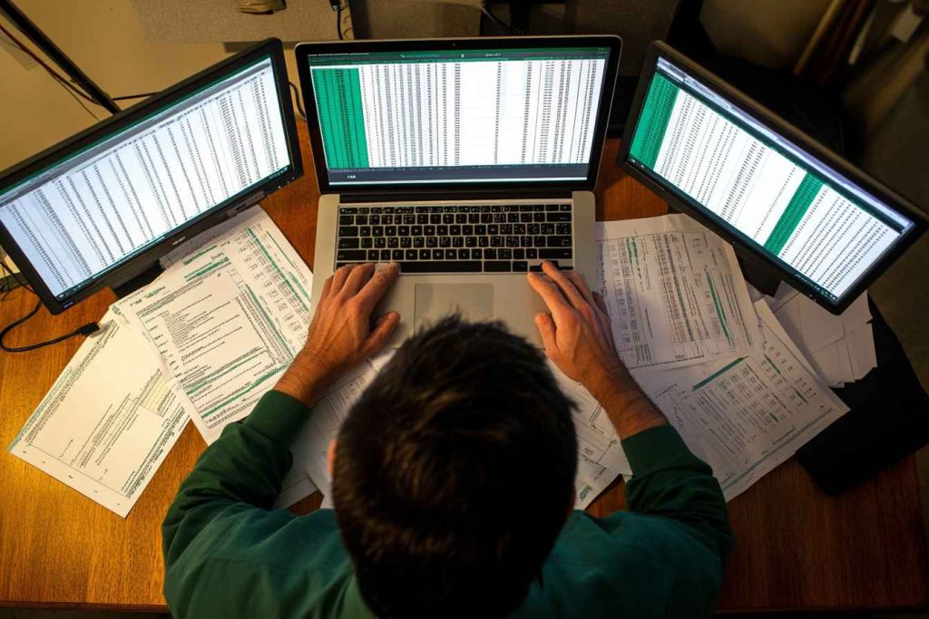 Male data entry specialist comparing printed Excel data with digital spreadsheet